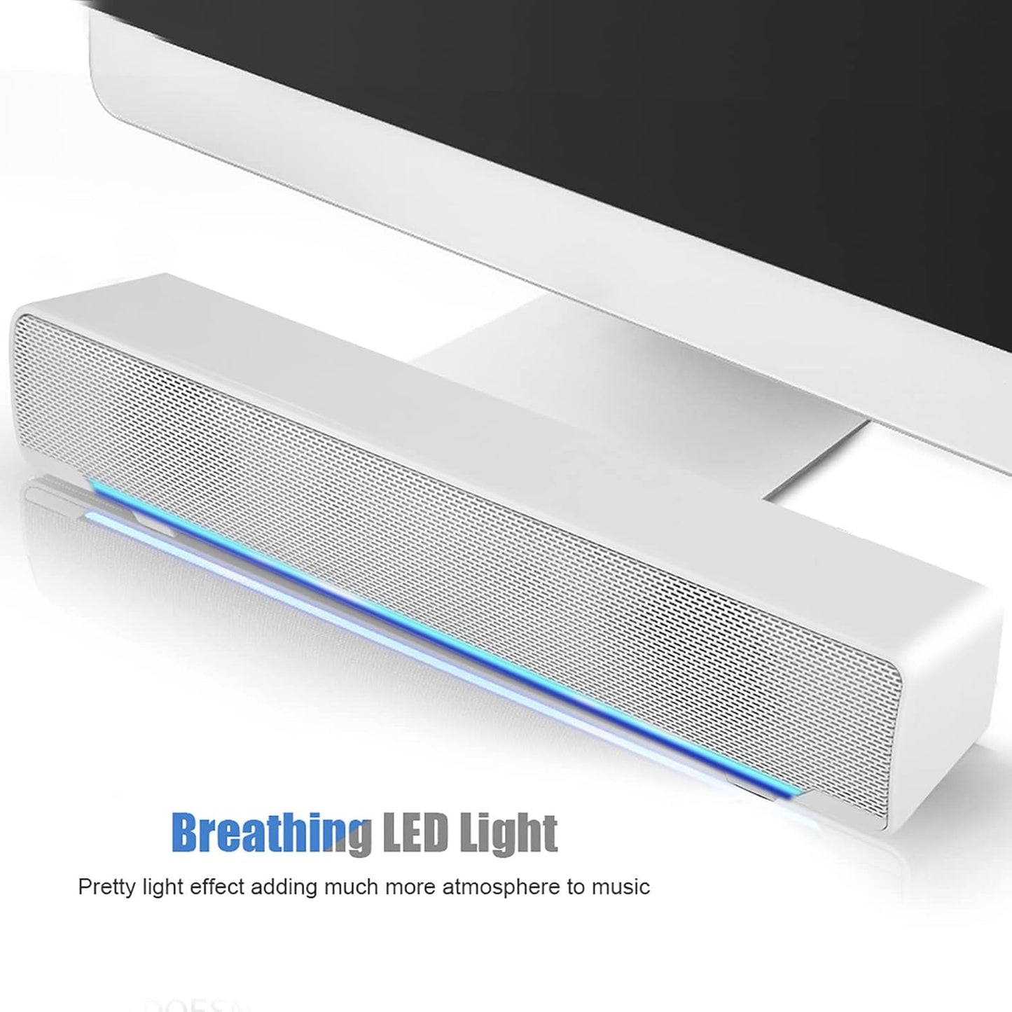 Beufee V-196 3.5mm 2.0 Computer Sound Bar, White USB Powered Input Channel Stereo Soundbar with Volume Knob and Blue