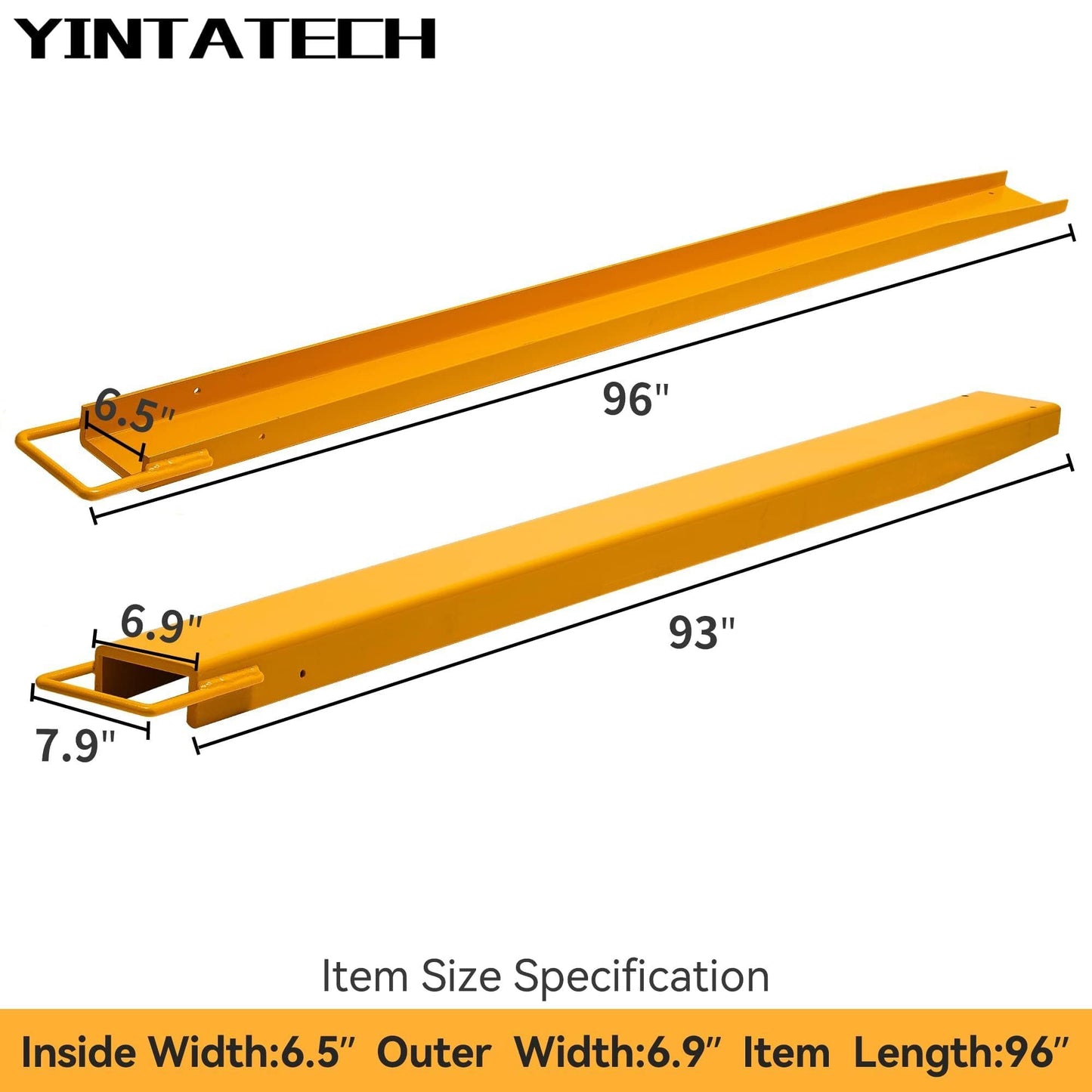 YINTATECH 6.5in Width Forklift Extensions Fits for 6" Wide Forks, Heavy Duty Pallet Fork Extension, 96in Length, 1 Pair, Yellow