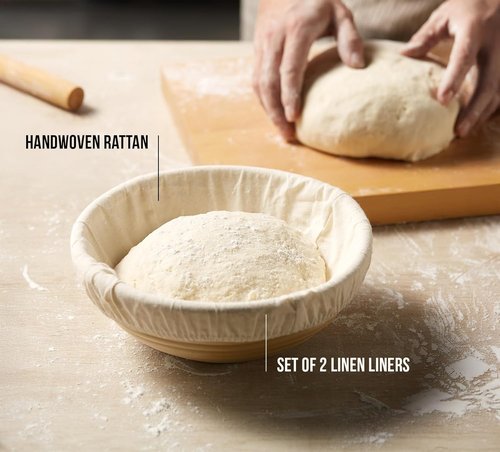 Kook Banneton Bread Proofing Baskets - Artisan Sourdough Making Set of 2 | 9-Inch Handwoven Rattan with Cloth Liners