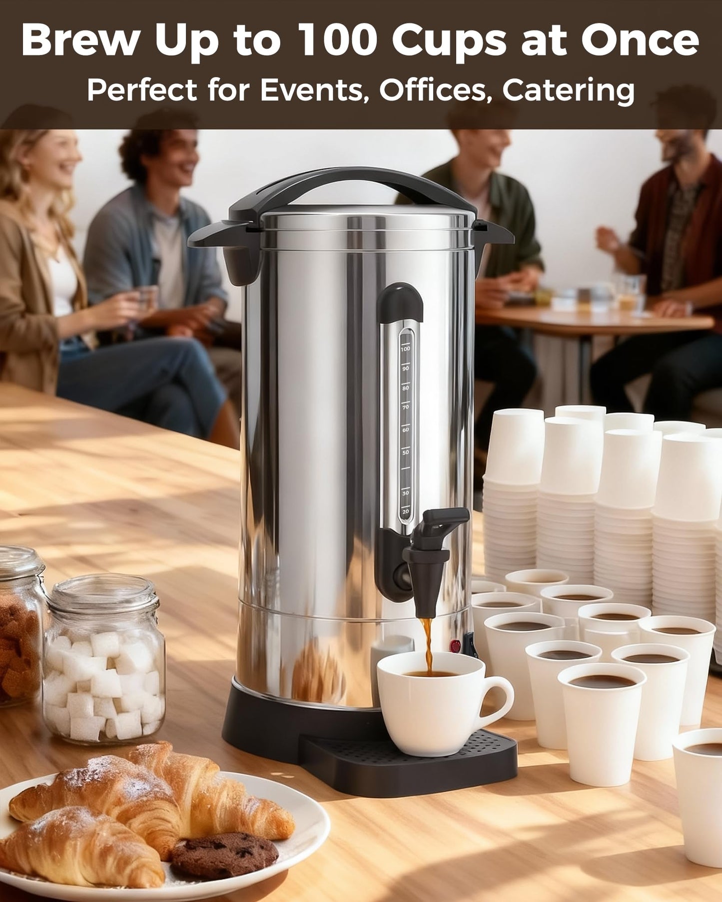OSTBA 1500W Commercial Coffee Urn 100 Cup / 15L Large Percolator Coffee Pot, 304 Stainless Steel Double-Wall Hot Water Dispenser Electric Coffee Maker Fast Brewing for Catering, Parties & Events