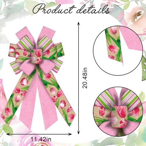 Hying Large Flower Bow - Spring Tulip Stripes in Pink Burlap | Farmhouse Craft Bow for Easter Decor