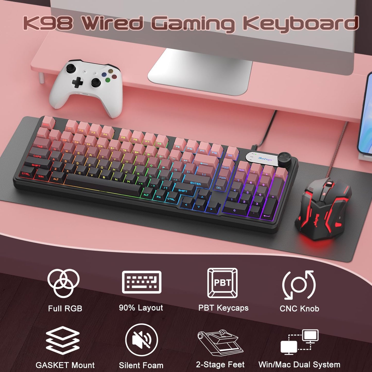 BlueFinger 98 RGB Gaming Keyboard, Keys USB Wired Keyboard with Rainbow Backlit, Volume Knob & Screen, Quiet Typing