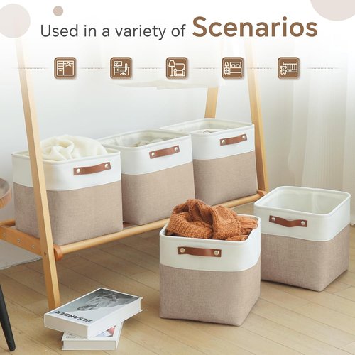 FinishingBo Cube Storage Baskets - 6 Pack 11x11 Inch Bins with Leather Handles for Closet | White & Khaki