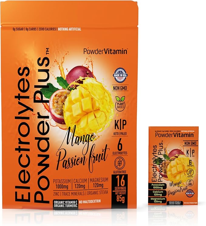 Electrolytes Powder Plus, Keto, Mango Passionfruit, Sugar Free, Pink Himalayan Salt, 1000mg Potassium, 120mg Calcium, 120mg Magnesium, Non-GMO, Zero Calories, (16 Hydration Packets)