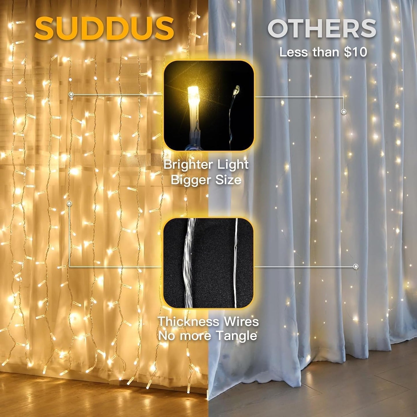 Suddus Curtain Lights - 200 LED Fairy String Lights for Indoor/Outdoor Decor | Warm White