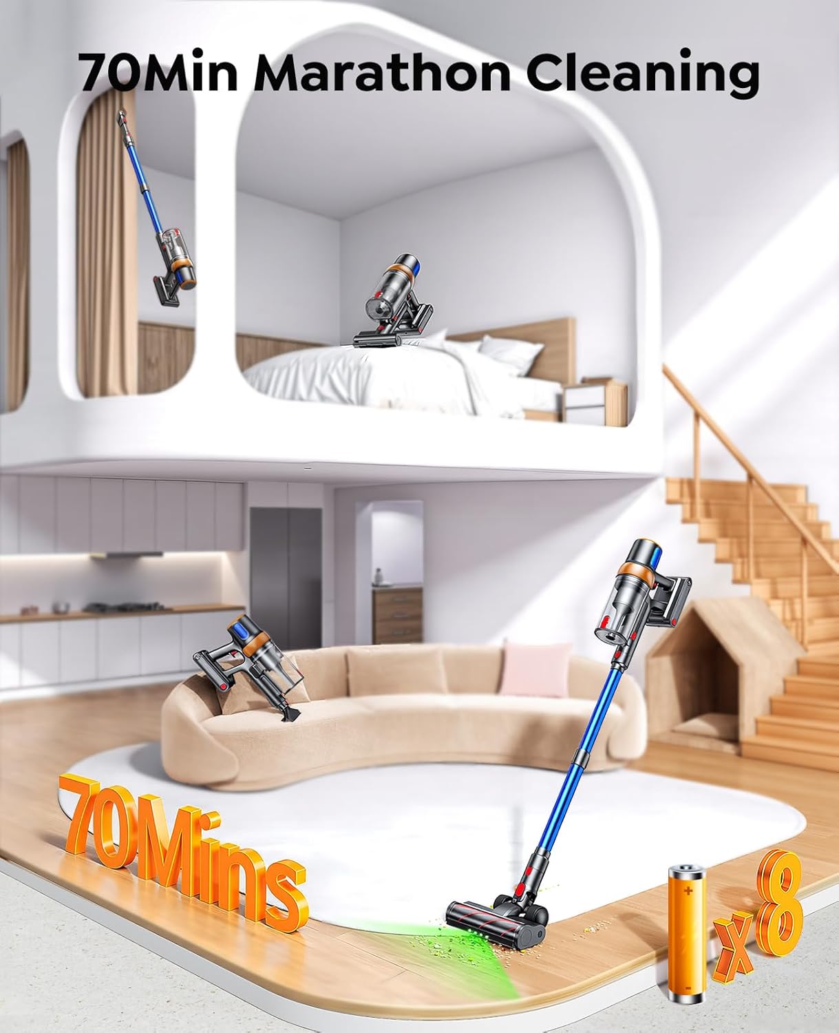 Skiennix Cordless Vacuum Cleaner - 650W Powerful Suction, 70 Mins Runtime, Includes Mattress Tool | Ideal for Pet Hair & Carpets