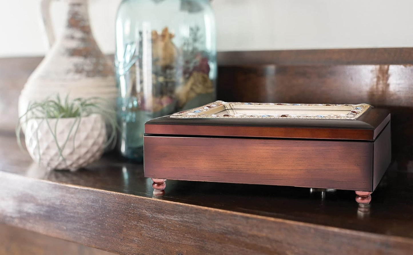 Cottage Garden Jeweled Music Box - Walnut Wood Finish | Plays "Amazing Grace" Tune