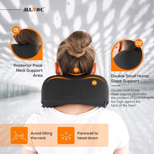 MLVOC Travel Neck Pillow - Upgraded 100% Pure Memory Foam for Airplane Comfort | Includes 3D Eye Mask, Earplugs & Bag - Black