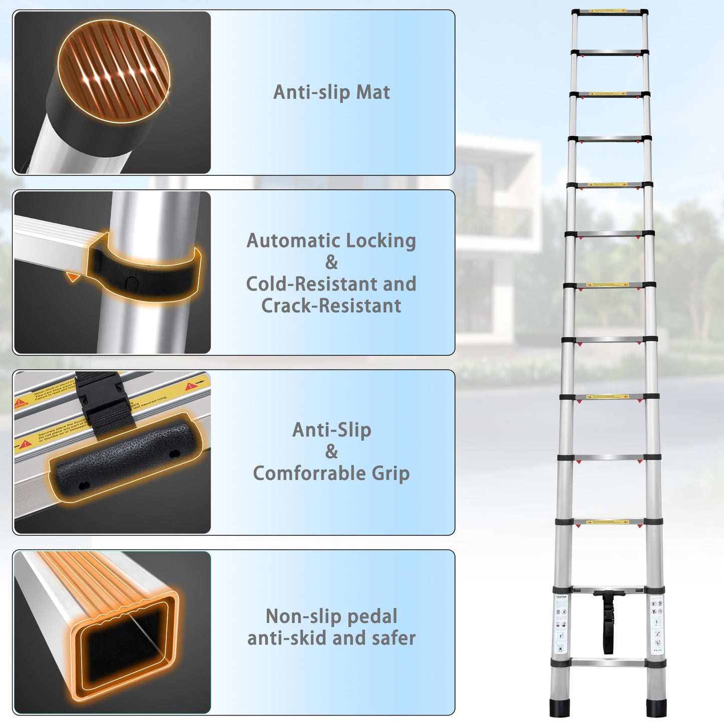 12.47FT Telescoping Ladder, Aluminum Lightweight Multi-Purpose Collapsible Extension, One-Touch Retraction Ladder,330lbs Load Capacity & Non-Slip Feet, for Home (Sliver, 12.47 FT (One-Button))