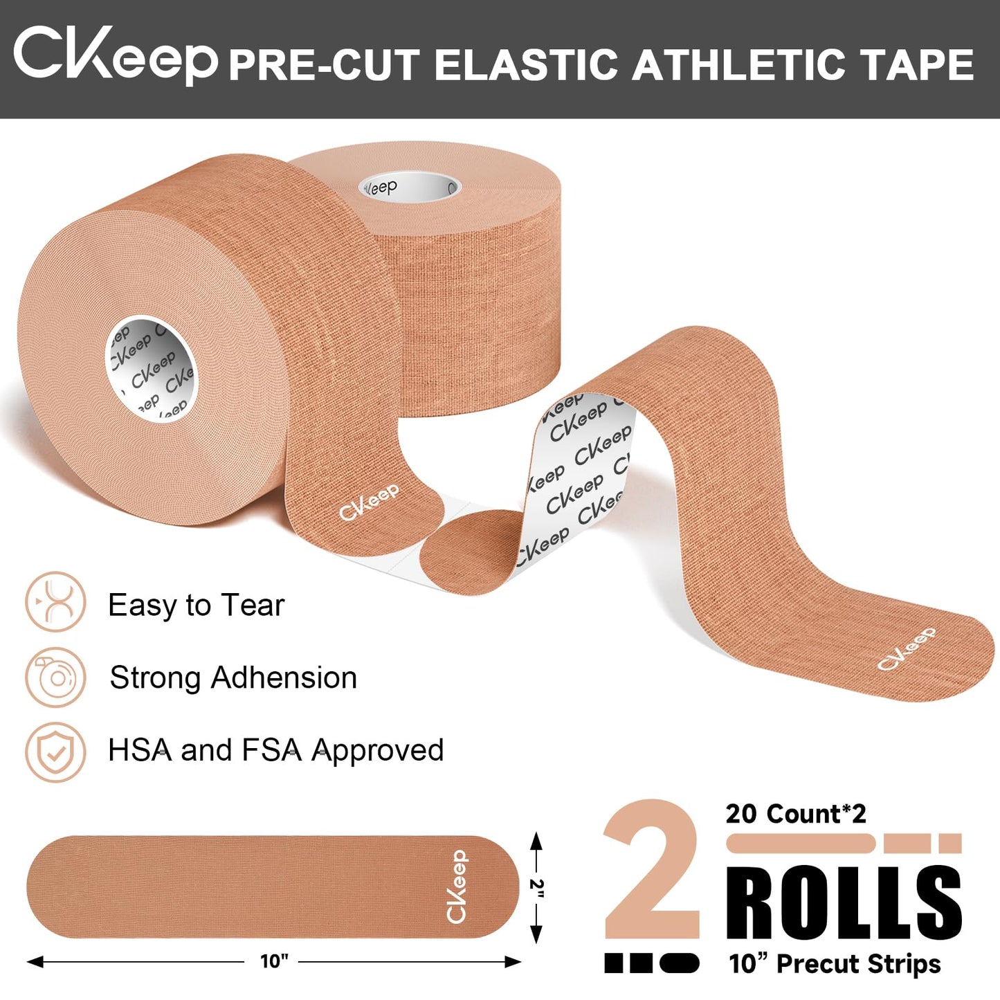 CKeep Kinesiology Tape, 2 Rolls Cotton Latex Free Hypoallergenic Elastic Precut Strips, 2 Inch Wide Waterproof Athletic Tape for Knees Pain Injuries Sprains, Beige