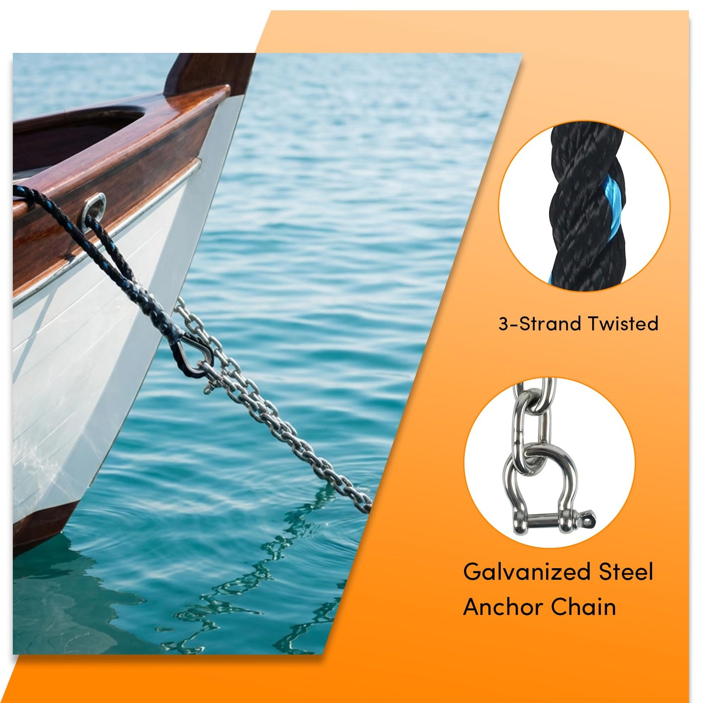 Anchor Rope 200 ft X 5/8 inch Combination Kit,with 5/16" x 10' 316 SS Anchor Chain, 3-Strand Twisted Nylon Anchor Line, Anchor Rope and Chain with Stainless Steel Thimble and Shackle (Black/Blue)