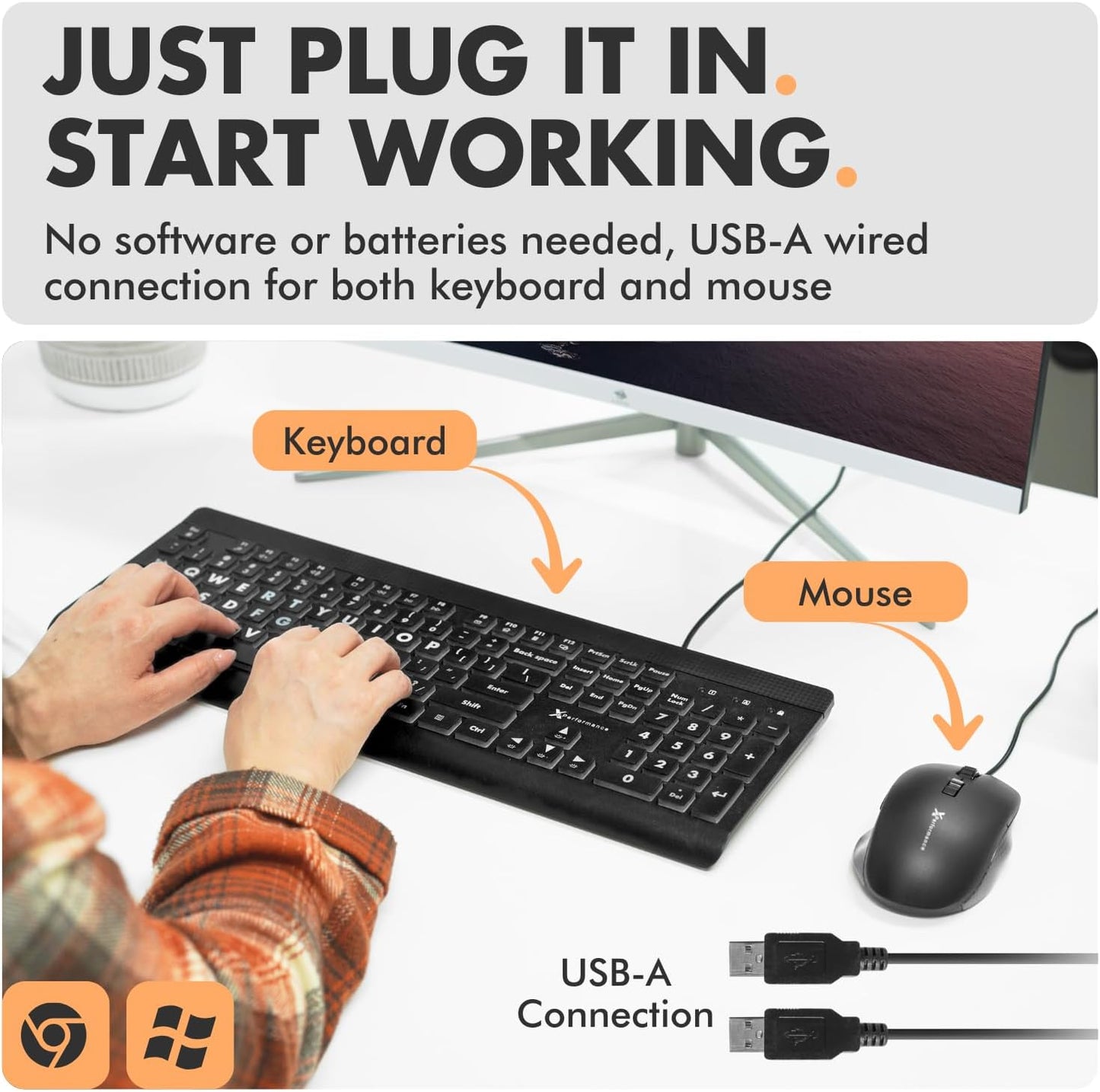 X9 Performance 7 4 Wired Keyboard and Mouse Combo - Large Print Backlit Keys for Seniors, Lighted Computer Keyboard