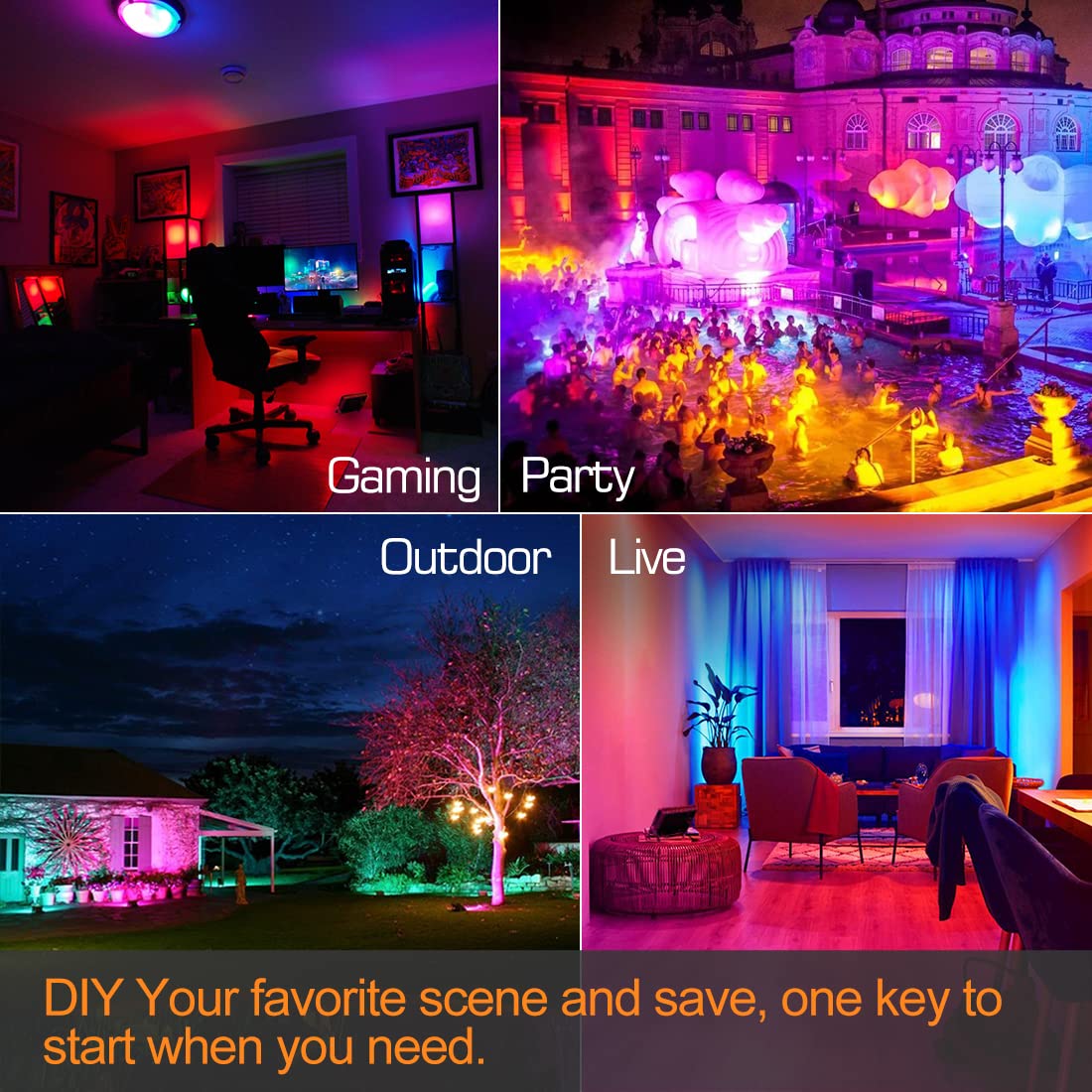 LED Flood Light Outdoor 800W Equivalent 8000LM RGB Landscape Light Controlled by BRmesh APP , No Remote, DIY Scenes - Timing - 5700K Daylight White - Color Changing Uplight, IP66 US Plug MELPO(4 Pack)