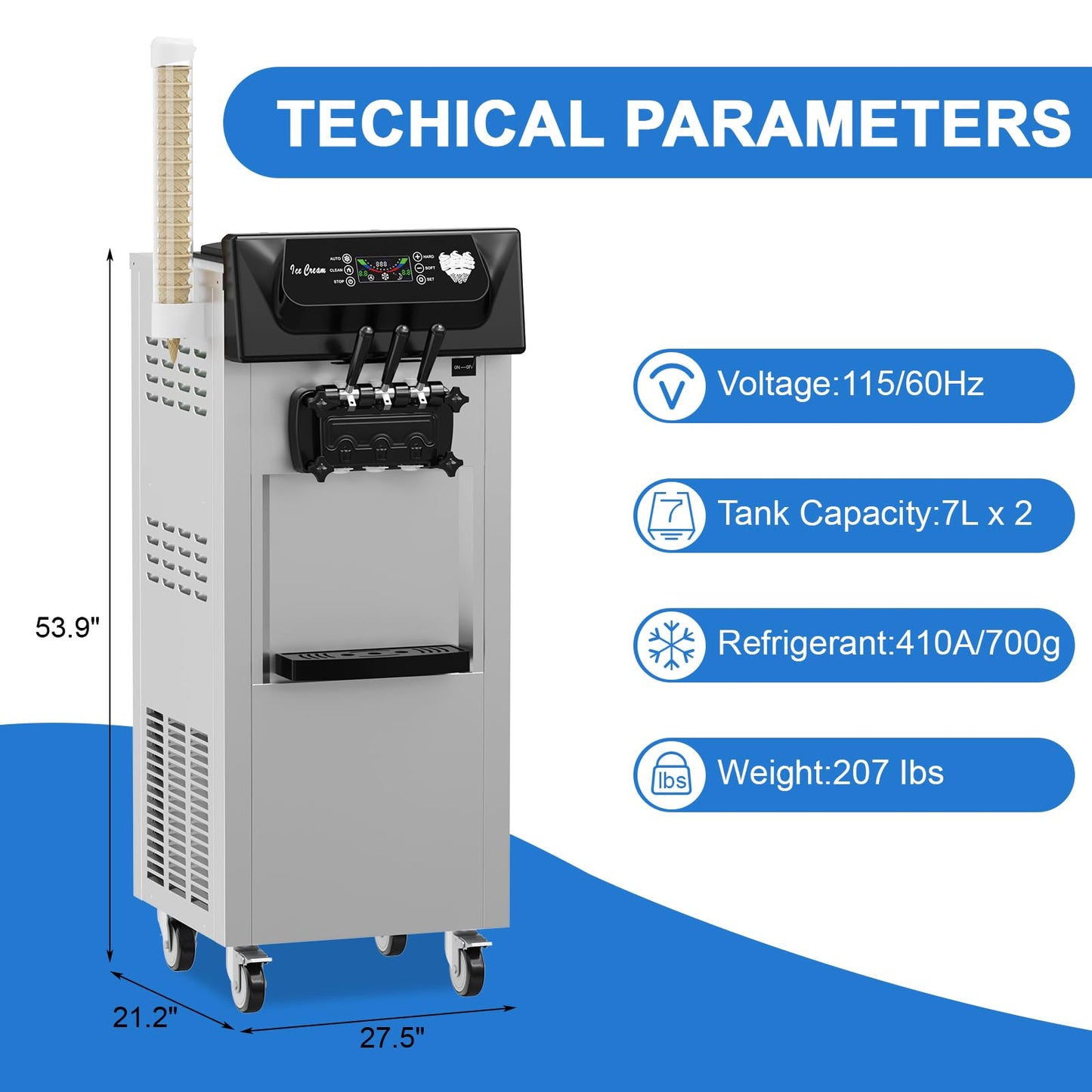 PioneerWorks Commercial Ice Cream Machine, 20-28L/H Yield, 2200W 7L X 2 Capacity, LCD Display, Auto Clean Adjustable Hardness 3 Flavor for Restaurant Snack Bars