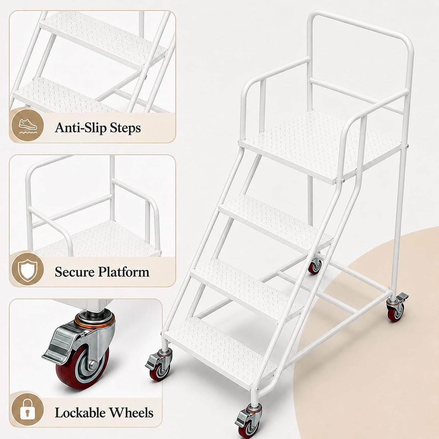 4 Step Rolling Ladder with Handrails, 880 lbs Capacity Heavy Duty Steel Mobile Warehouse Ladder with Locking Wheels, Non-Slip Rolling Stairs with Large Platform for Garage, Stockroom, Library