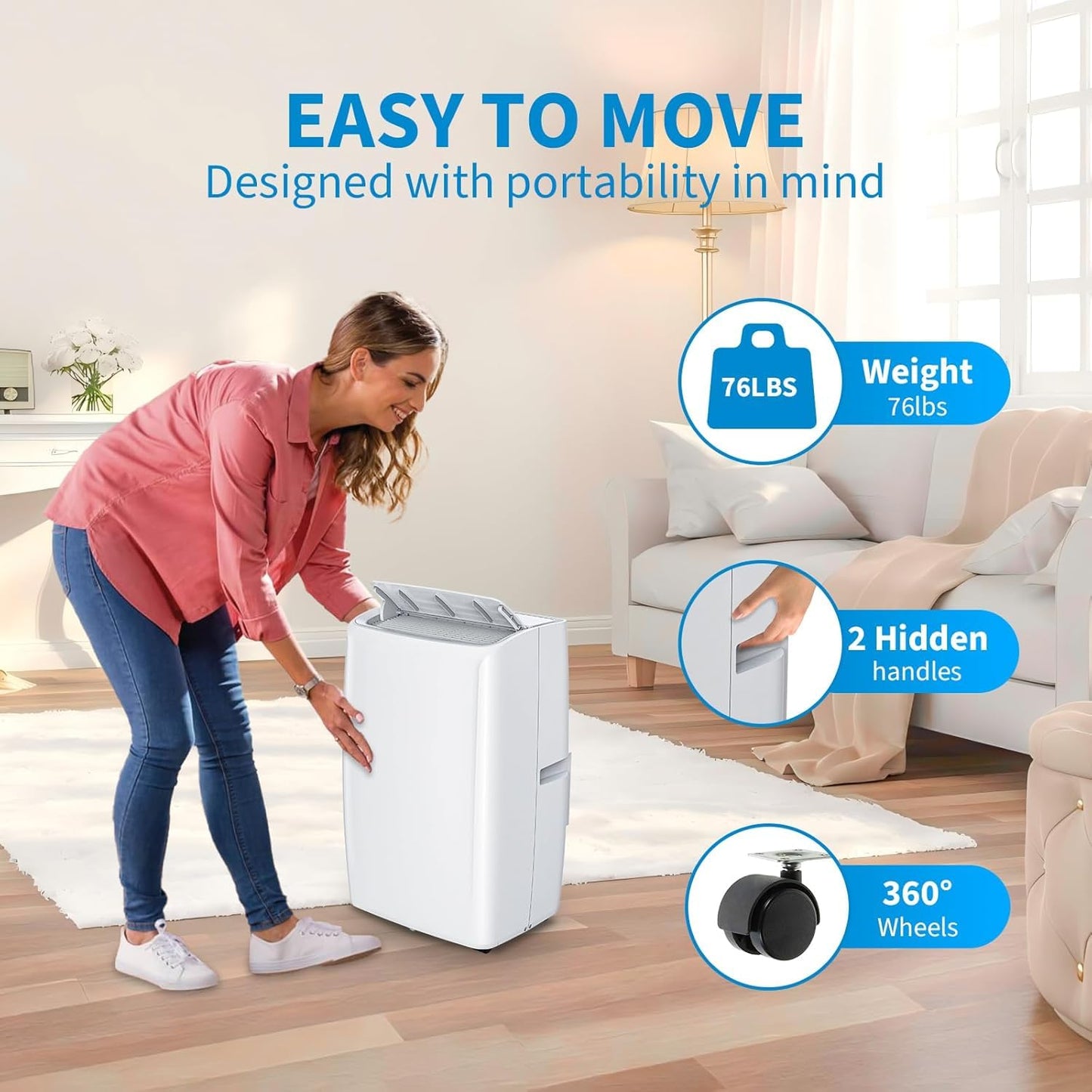 Portable Air Conditioners 14,000 BTU, Portable AC Unit for Bedroom and Office, 400m³/h Cooling for 750 Sq. Ft, Drain-Free Technology with 75-Pint Dehumidification, Includes Remote & Mount Kit, White