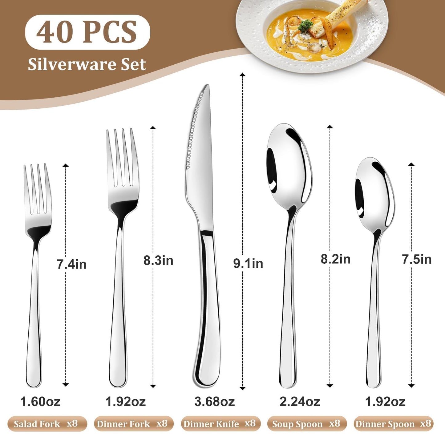 TAN REN Silverware Set for 8, 40-Piece Stainless Steel Flatware Sets, Heavy Duty Forks and Spoons Silverware Set with Dinner Knives, Mirror Polished Cutlery Sets, Dishwasher Safe Kitchen Utensils