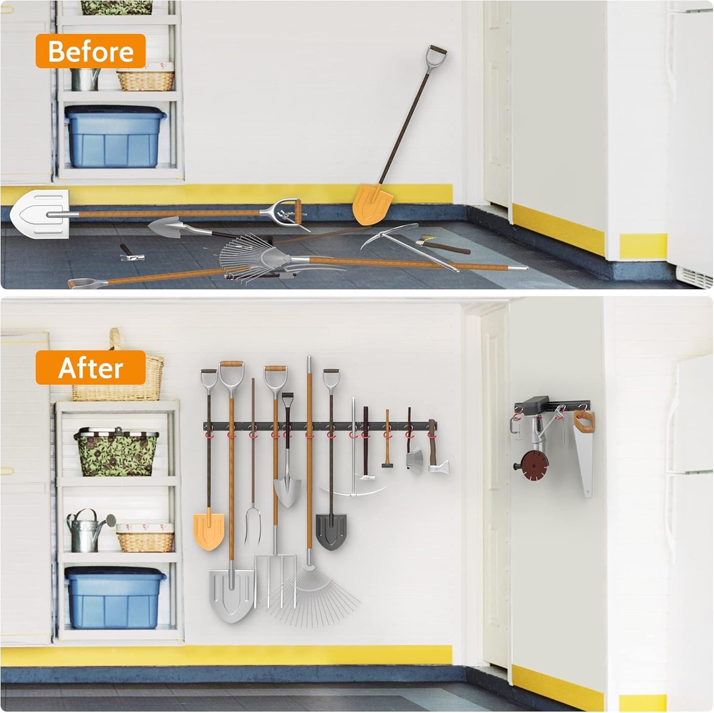 WALMANN All Metal Wall Mount Garden Tool Organizer - 64 Inch Storage Rack with 4 Rails & 16 Hooks