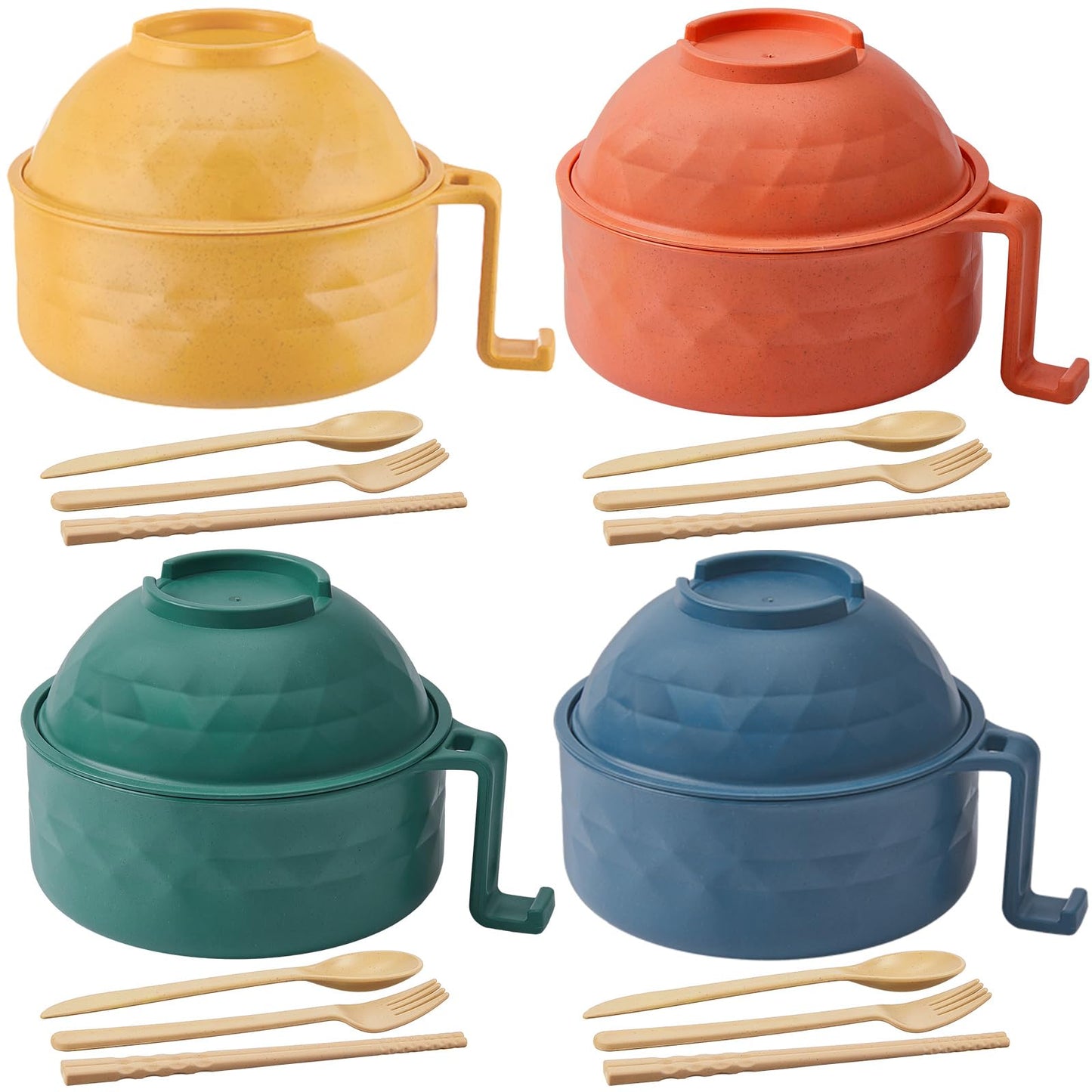 Romooa 4 Sets Microwave Ramen Cooker Set 33 oz Quick Ramen Bowl Set Microwave Noodle Cooker with Handle Noodle Bowl with Spoon Chopsticks Fork College Dorm Room(Multicolor)
