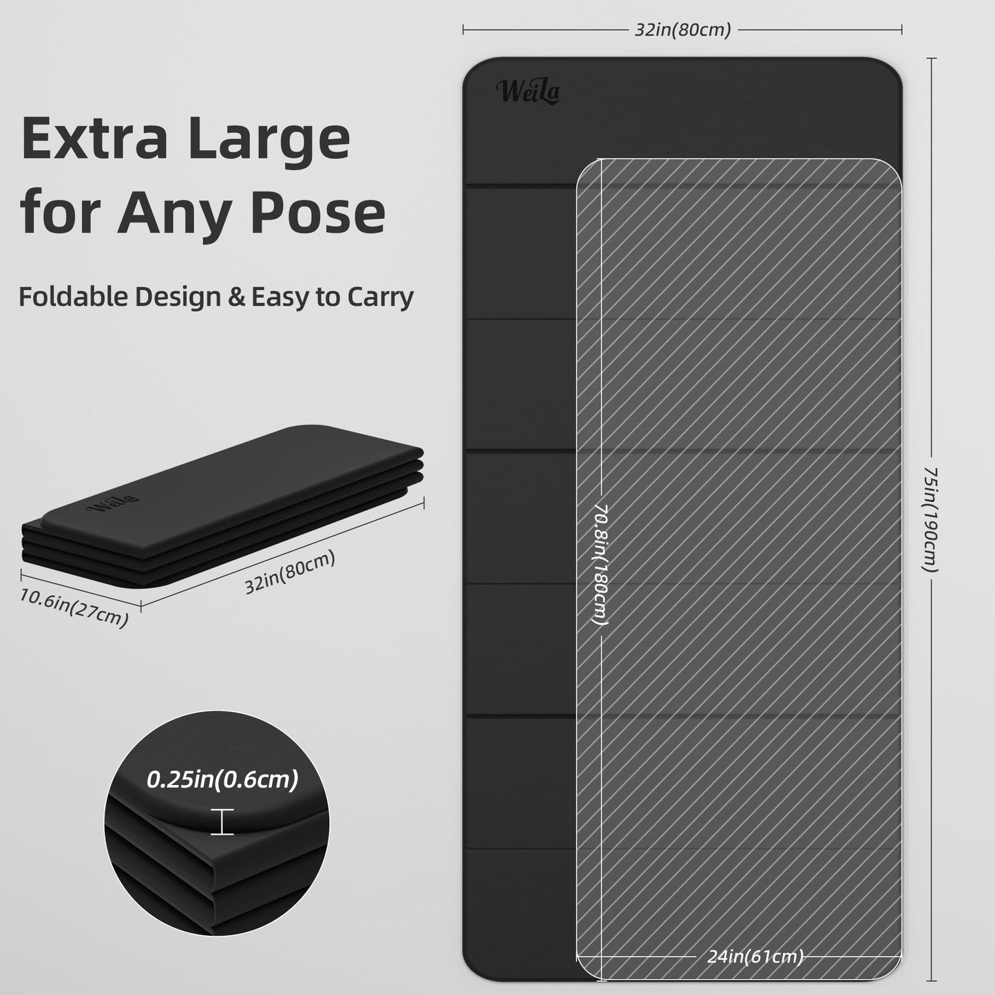 Extra Large 75"x32" Foldable Yoga Mat, Durable Non-Slip TPE Fitness Mat for Yoga, Pilates, Floor Workouts, 7-Fold Portable for Home Gym & Travel (6mm Thick)(Black)
