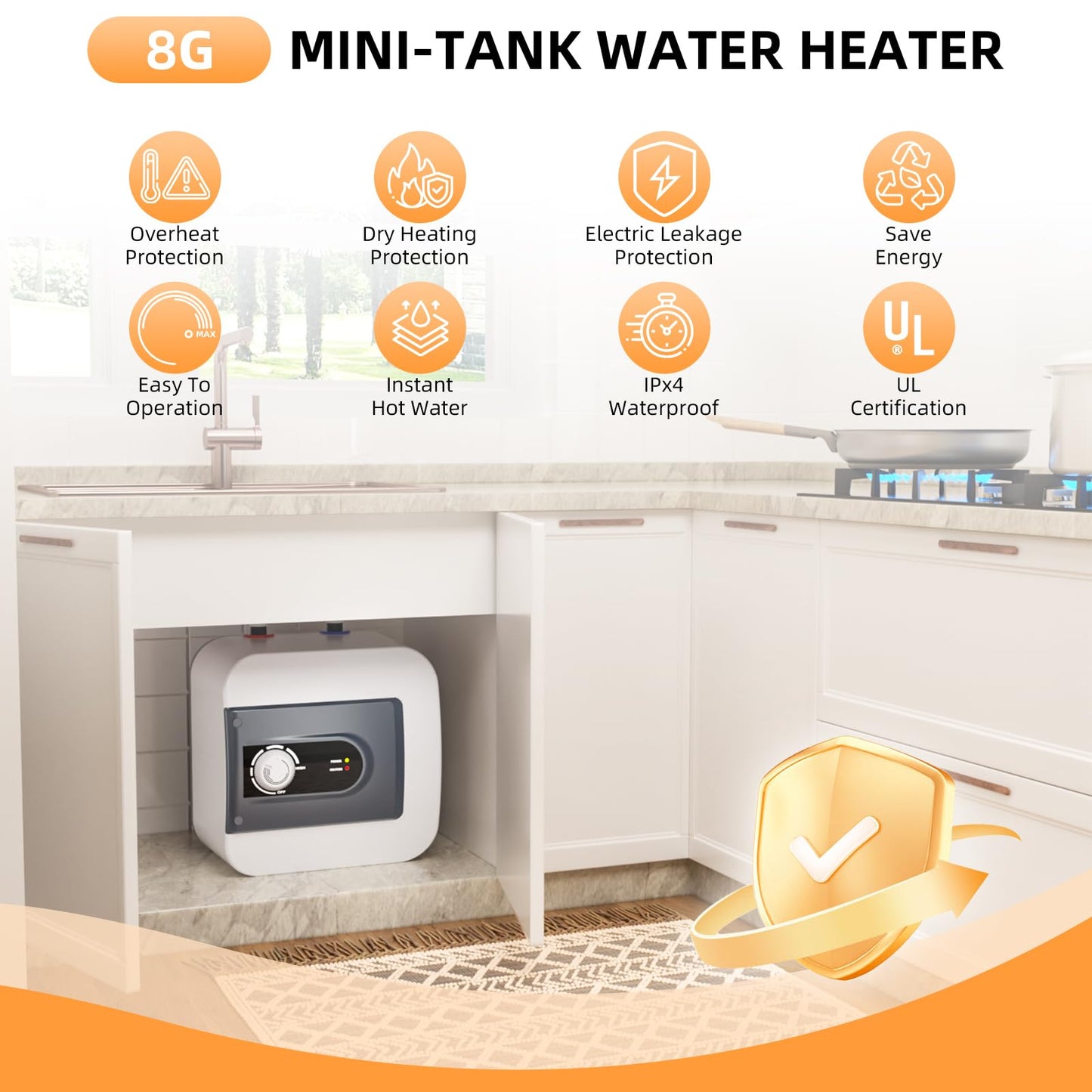 Electric Mini Tank Water Heater, 8Gallon Under Sink On Demand Hot Water Heater, Wall or Floor Mounted, 1500W Point of Use Instant Hot Water for RV Kitchen Bathroom Restaurant