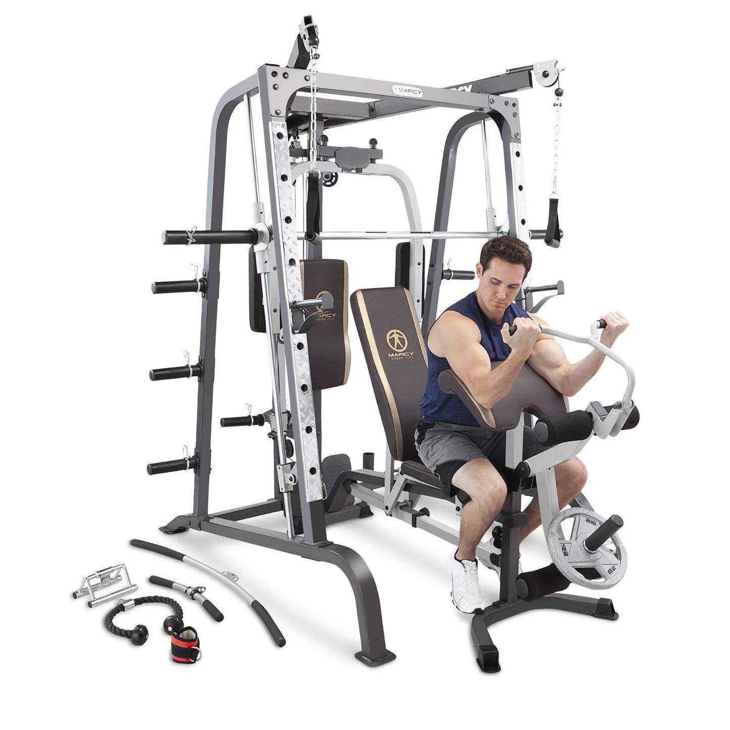 Marcy Power Cage, 1900 lbs Multi-Functional Smith Machine Cage System for Home Gym Training, with Leg Developer, Press Bar, and Squat Rack, Silver