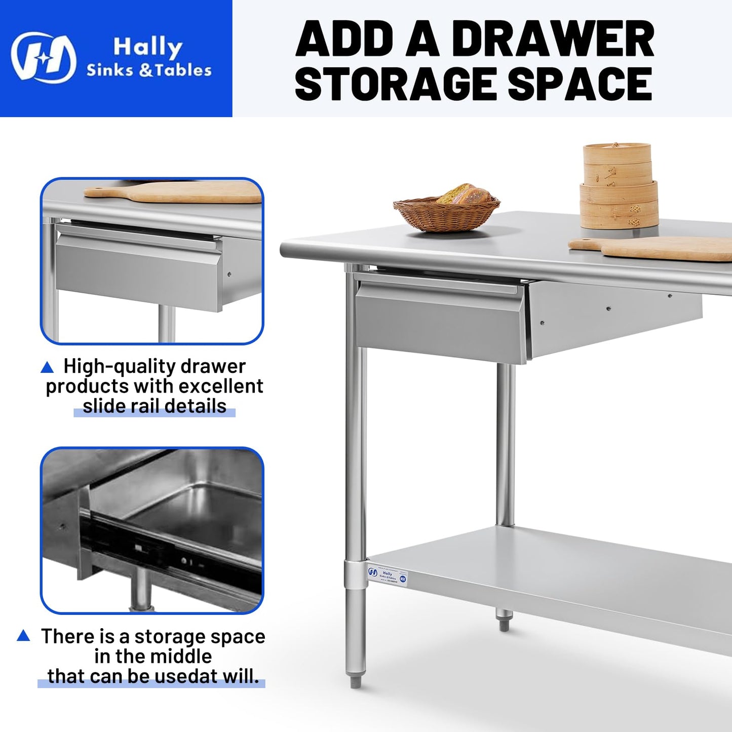 Hally 24 x 60 Inch Stainless Steel Prep Table, NSF Certified Commercial Kitchen Work Table with Drawer, Removable Stainless Steel Pan, Undershelf and Removable Hook for Restaurant Home Garage
