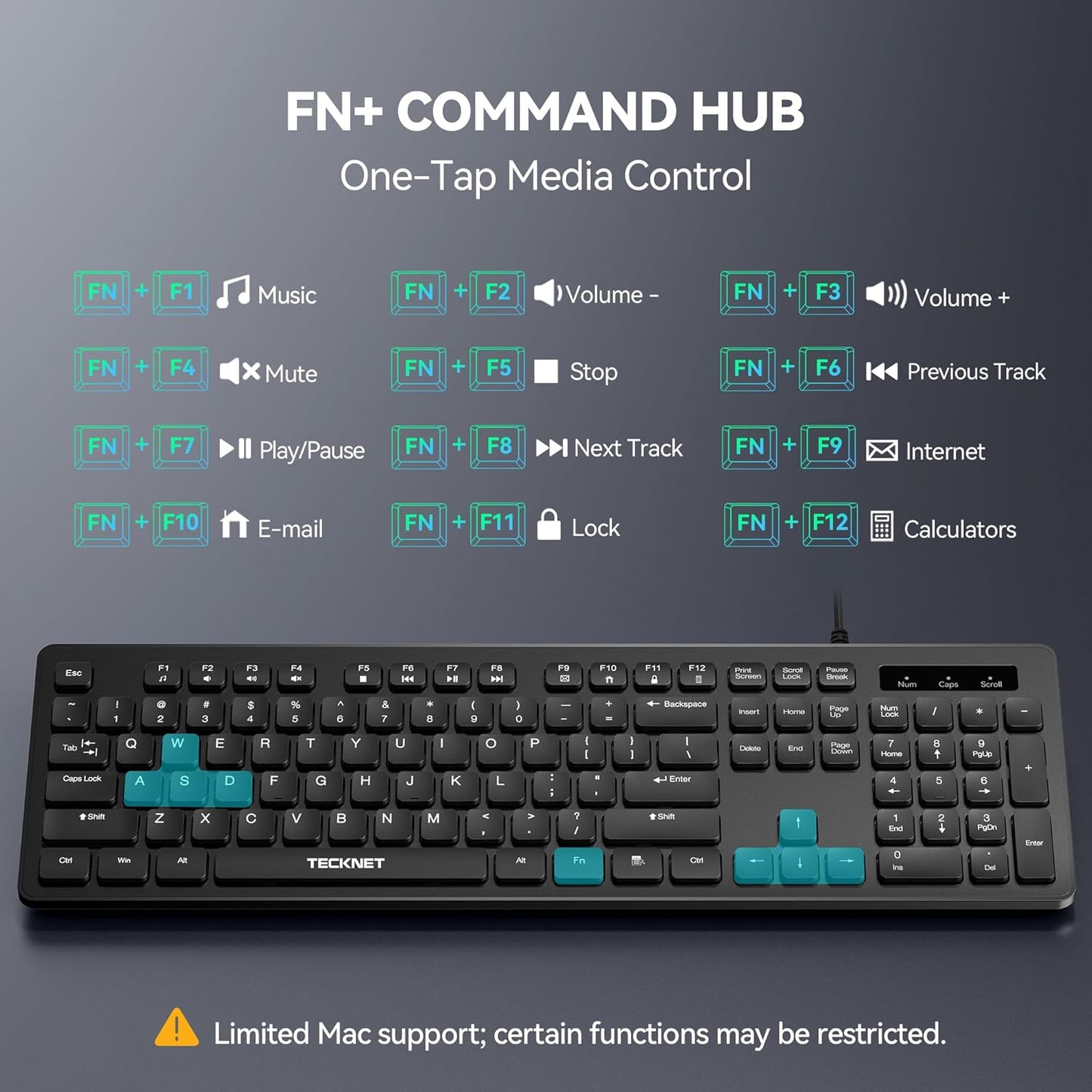 TECKNET Wired Keyboard,Silent USB Keyboard for Office,Spill-Resistant,Slim Full-Size Membrane Layout,Plug and Play