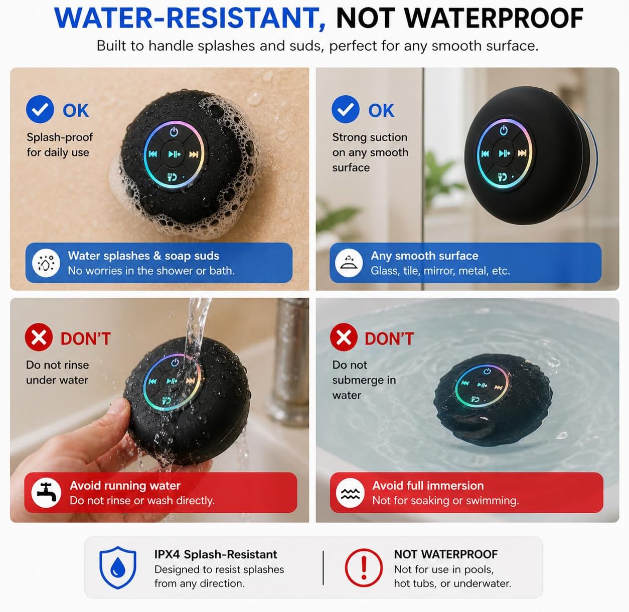 Luzsco IPX4 Bluetooth Shower Speaker with LED Portable Wireless Mini Speaker with Mic & Suction Cup, Water Resistant
