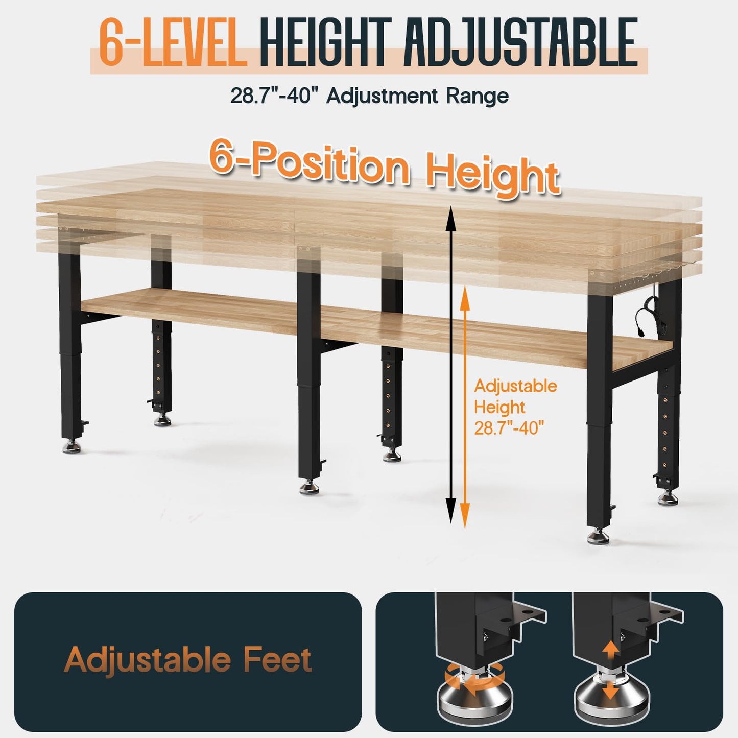 SPECRAFT 84"x24" 2-Tier Adjustable Workbench with 4 AC Outlet and 2 USB Ports Power Outlets, 6000 Lbs Capacity Heavy Duty Workbench, Rubber Wood Top for Garage, Workshop, Office