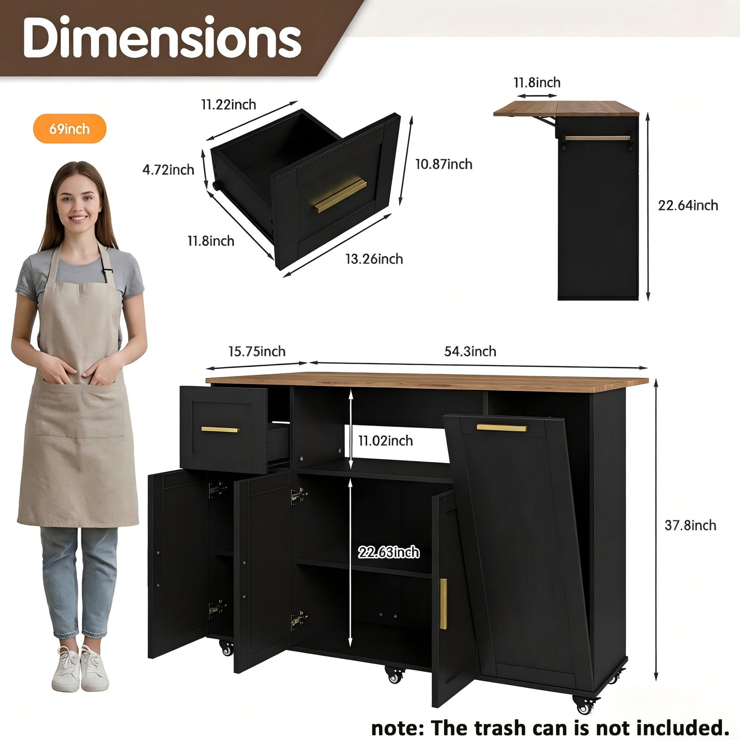 FFIQQ 59 Inch Large Mobile Kitchen Island Cart with Drop Leaf, 2 Cabinets, Drawer, Extra Counter Space & Trash Bin Storage, Rolling Portable Prep Table for Kitchen, Black, Particleboard