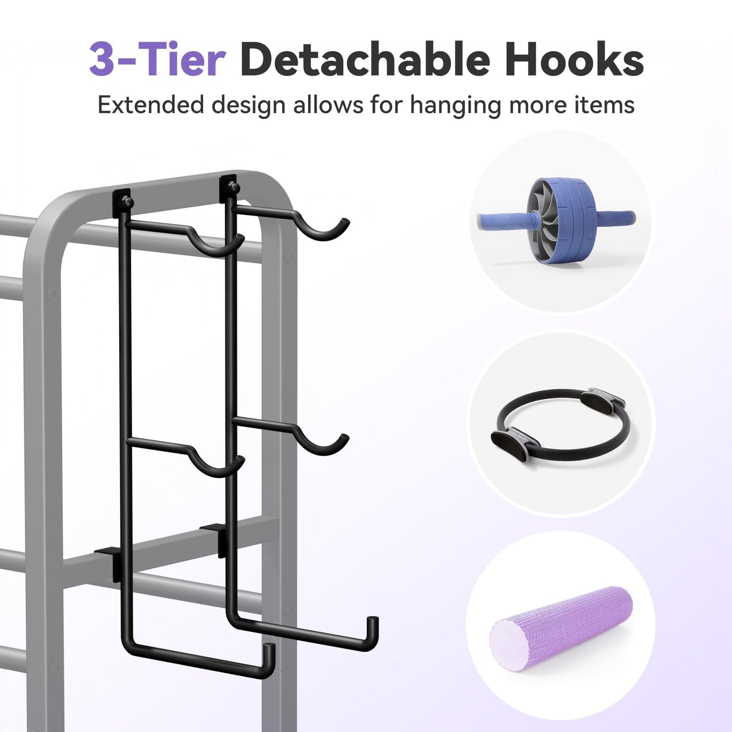 Josmimic 3-Tier Heavy-Duty Home Gym Storage Rack with Hooks and Smooth Wheels for Workout Gear