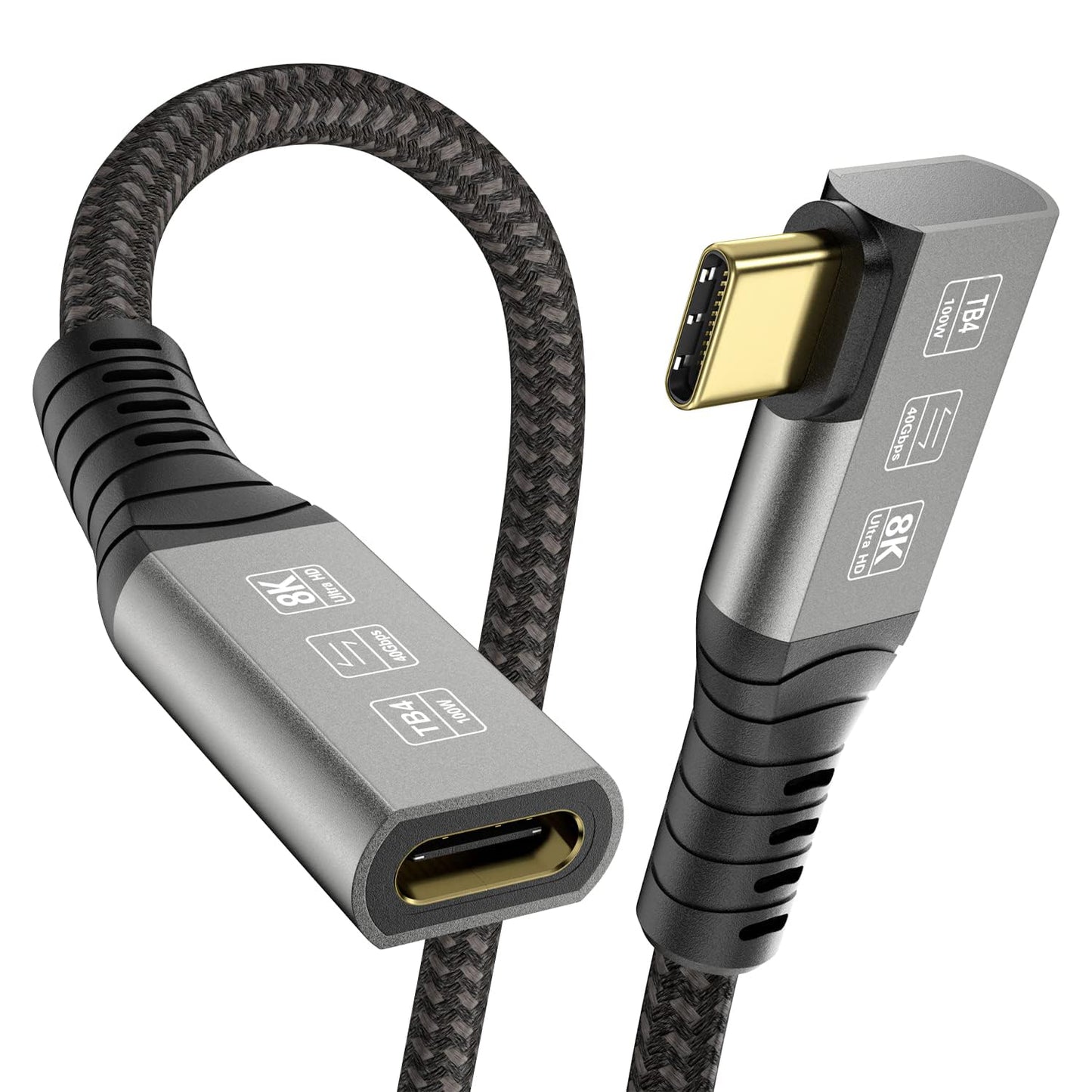 4 40Gbps, 90 8K 100W, 3/USB 4/3/Mac 2.6ft USB C Thunderbolt Extension Cable Right Angle Male to Famale Extender Cord