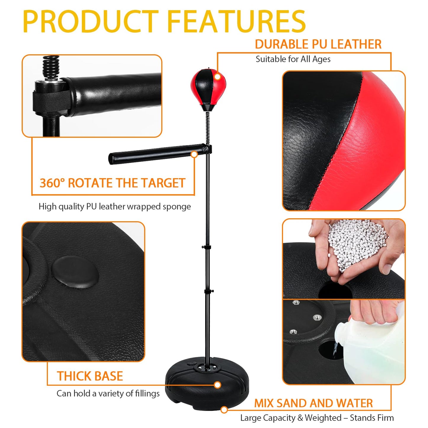 INNOLIFE Boxing Bar with Stand, Adjustable Height Freestanding Punching Bag for Adults, Boxing Training Equipment with Speed Bag for Home Gym, Stress Relief & Fitness, Black & Red