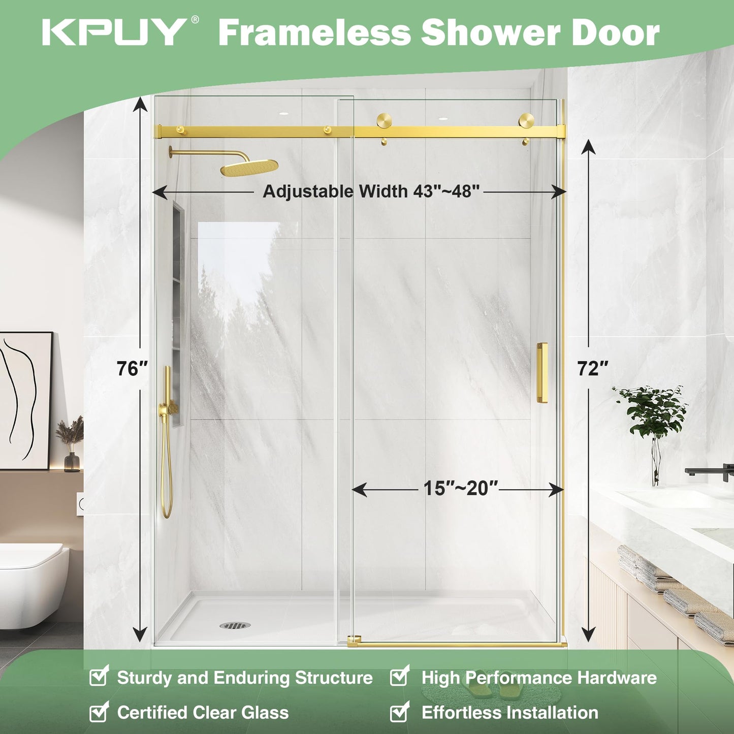 KPUY Frameless Shower Door, 43-48" W x 76" H Sliding Glass Shower Door, 1/4" (6mm) Thick Tempered Clear Glass with Explosion-Proof Film Nano Coating in Brushed Gold Finish