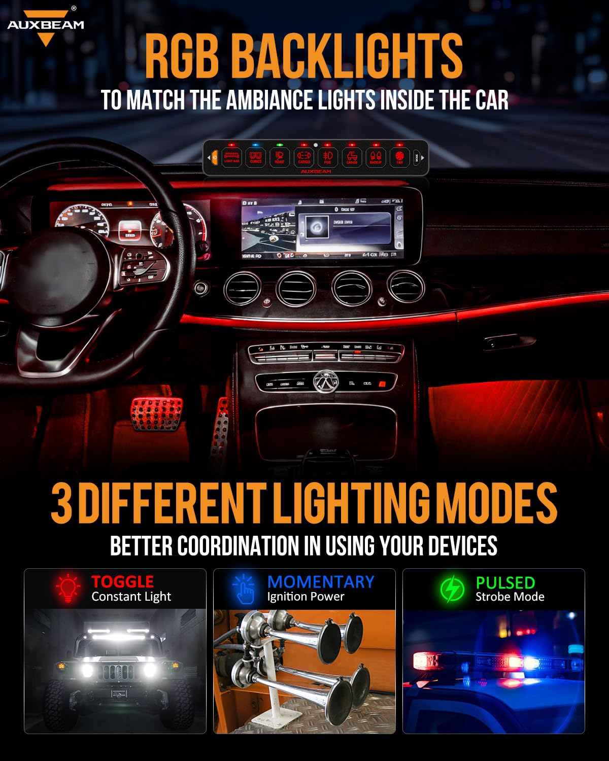 Auxbeam 8 Gang Slim Switch Panel Bluetooth RGB AS-800 with APP&Remote Control Toggle Momentary Pulsed 80A Switch Pod Off Backlight for 12-24V Truck Offroad UTV ATV Car Marine, 3 Years Warranty