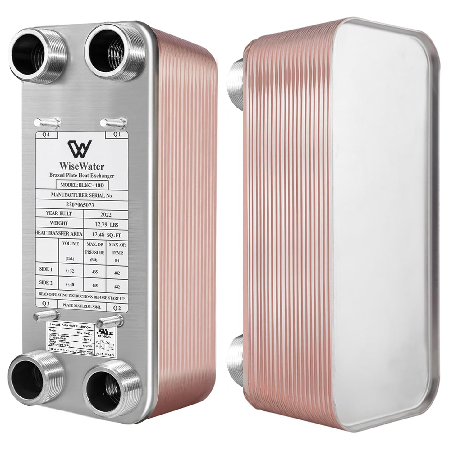 Brazed Plate Heat Exchanger Stainless Steel SS316L 5"x12" 20 Plates 1 1/4" MPT 330,000 BTU/hr Hydronic Heating