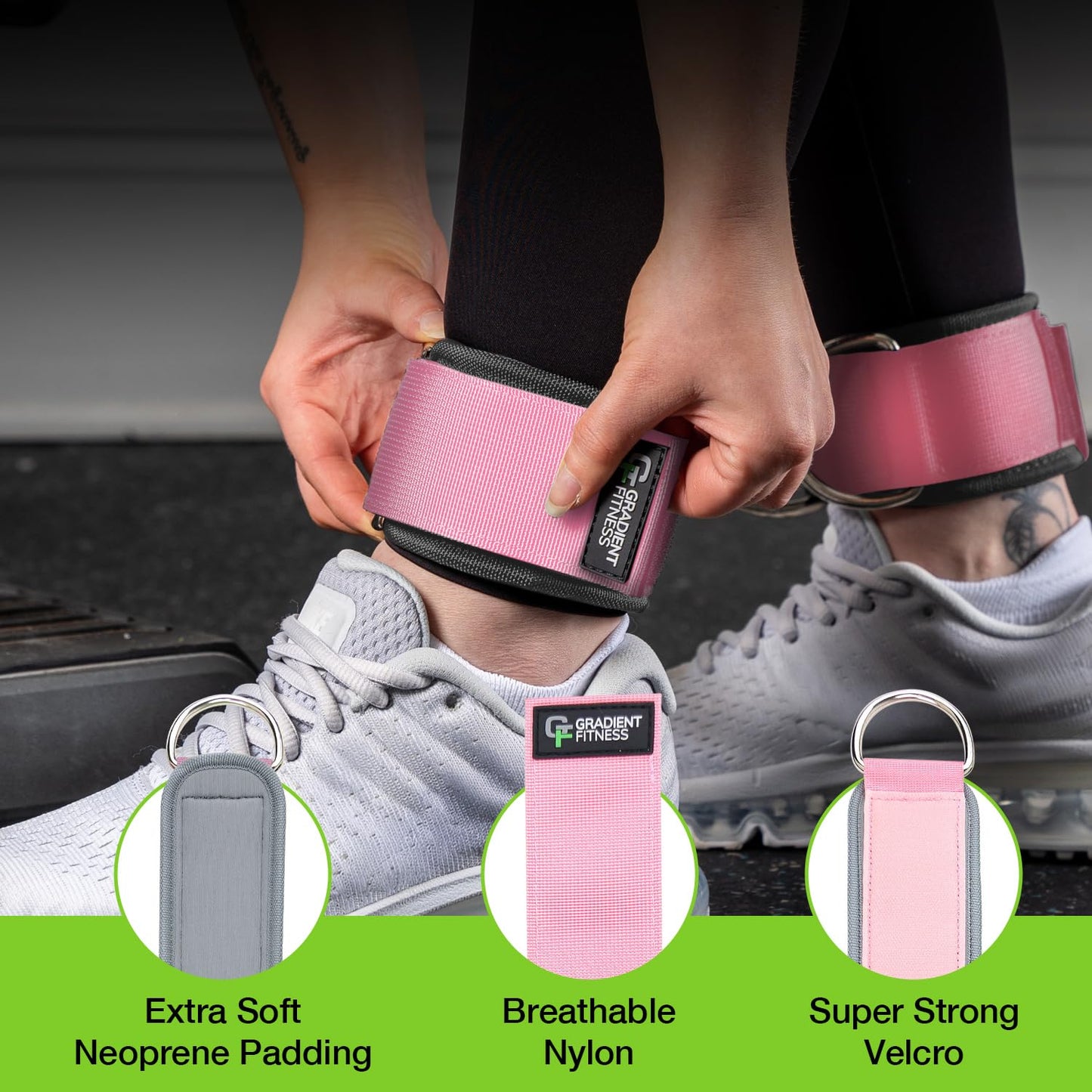 Gradient Fitness Ankle Straps (2 Pack) | Ankle Strap for Cable Machine, Ankle Bands for Working Out, Cable Ankle Strap, Cable Machine Attachment, Ankle Cable Attachments for Gym (Pink, 2 D-Rings)