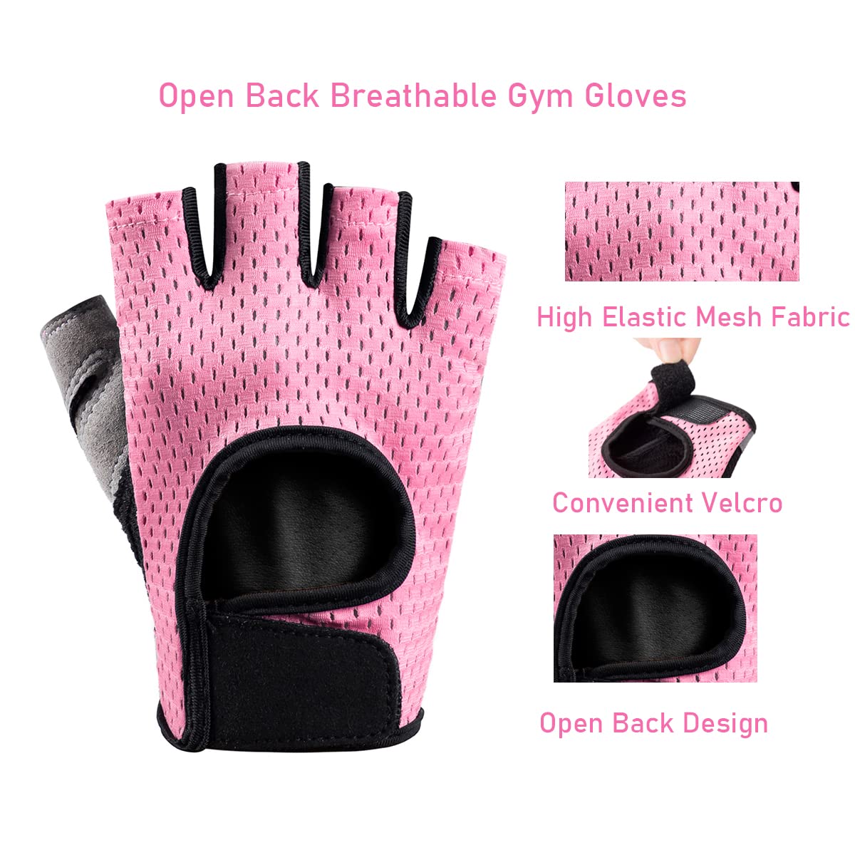 LJCUTE Workout Gloves for Men & Women, Fingerless Breathable & Full Palm Protection Gym Exercise Gloves for Weight Lifting, Fitness, Powerlifting, Cycling (Pink, Medium)