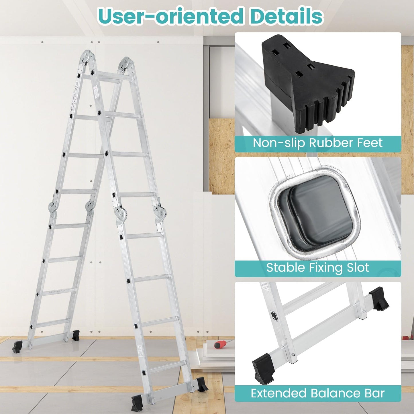 Toolsempire 7-in-1 Folding Ladder, Multi-Purpose 15 FT Aluminum Alloy Ladder with Non-Slip Feet, Safety Locking & Heavy Duty Frame, Indoor & Outdoor Lightweight Extension Ladder, 330 LBS Capacity