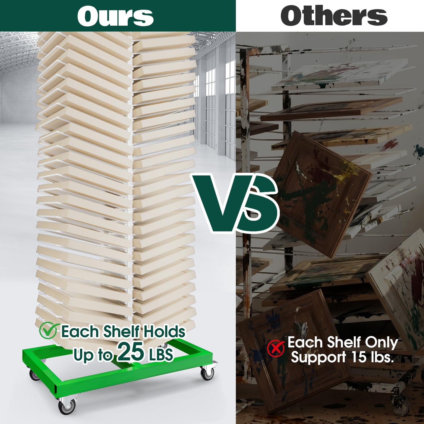 Justore Heavy-Duty Paint Drying Rack for Cabinet Doors and Full-Size Doors, 50 Shelves Cabinet Door Drying Rack for Art Studios & Classroom, Space Saving Design with 4 Casters, 25 LBS/Level