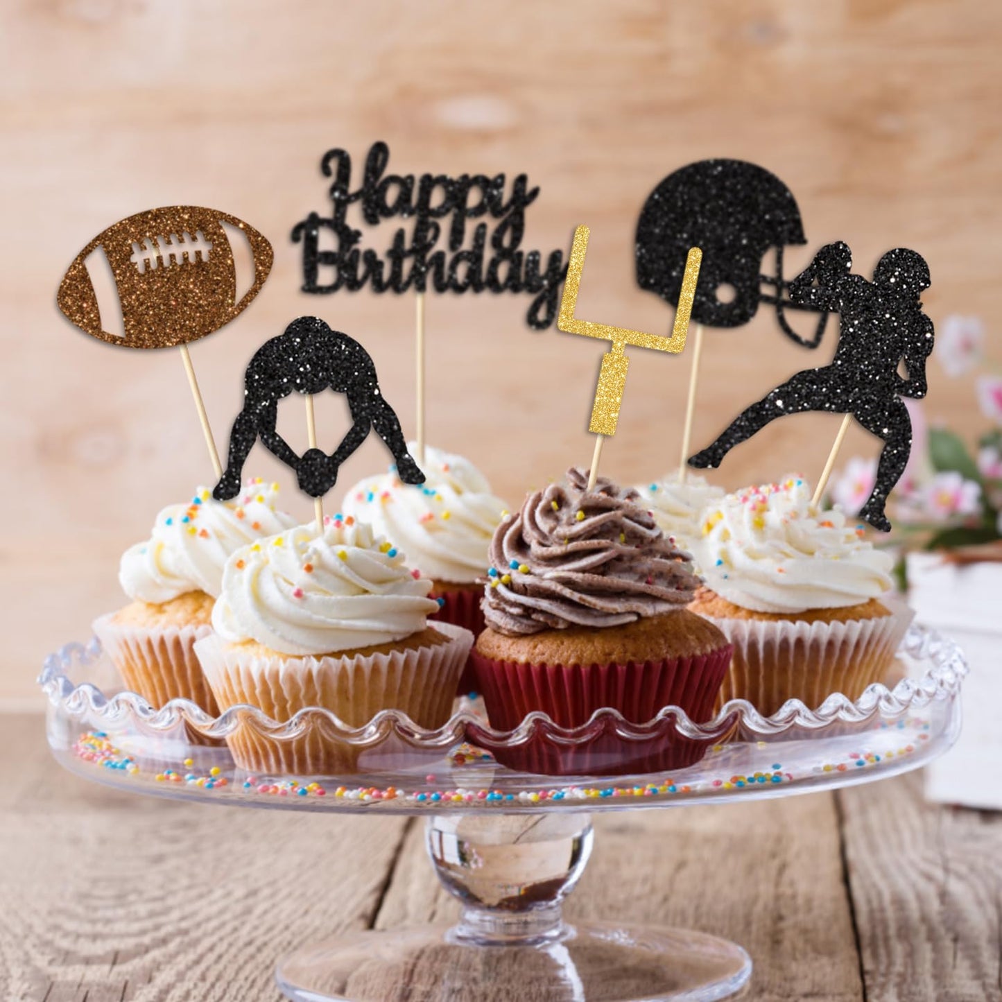 Vofrise 36PC Football Cupcake Toppers for Birthday,Glitter Football Cake Toppers for Boys Birthday Party Decorations Supplies