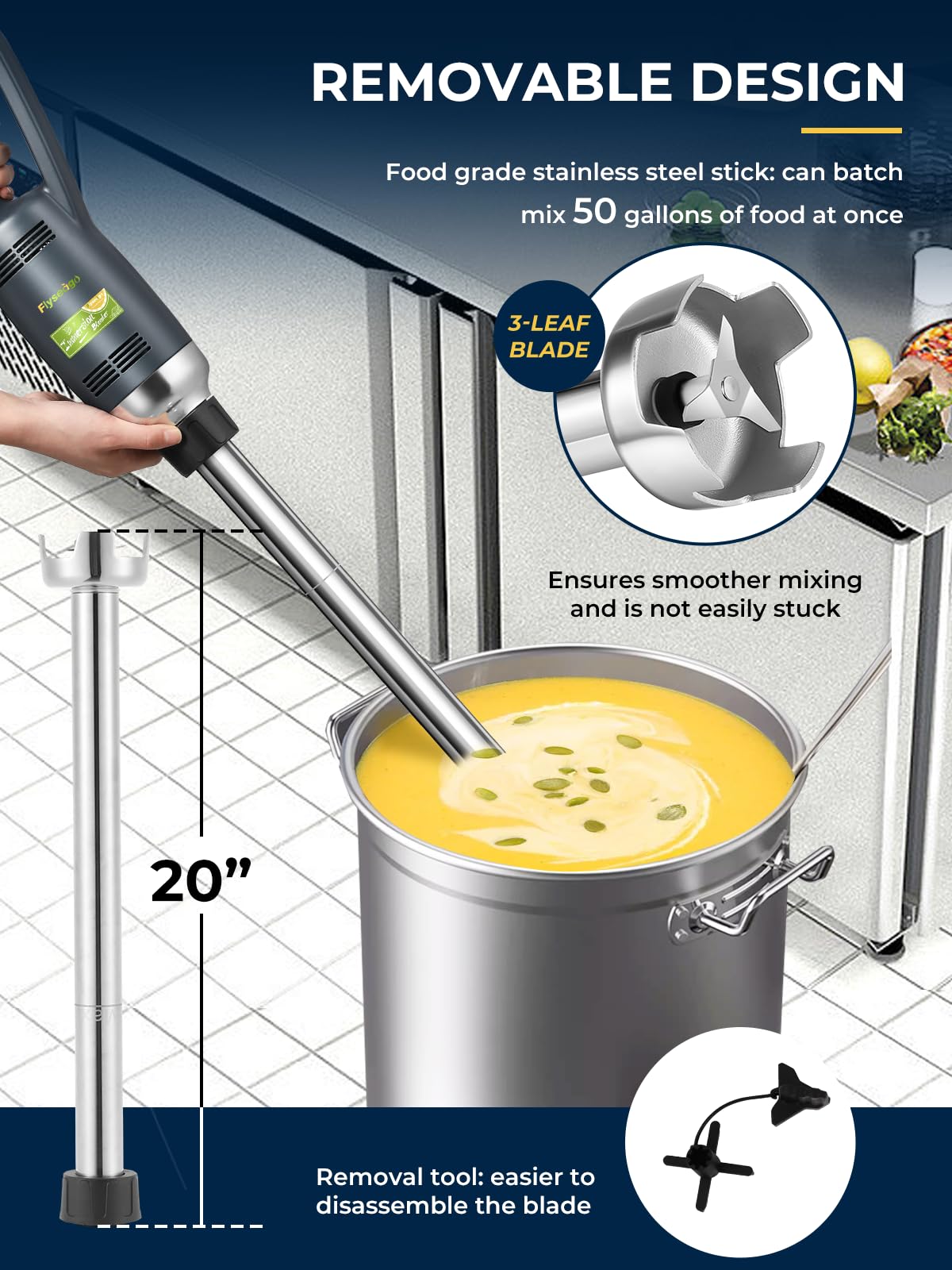 Flyseago Commercial Immersion Blender Hand held Blenders Heavy Duty Variable Speed Mixer 4000-16000RPM with 20-Inch Removable Shaft 50-Gallon Capacity 500W Multifunction Pro Electric Stick Emulsifier