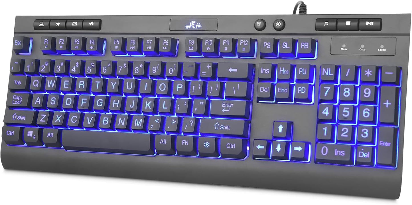 Rii RK900Pro Large Print Backlit Keyboard,Wired USB Full Size Computer Keyboard with Blue Backlight, Compatible