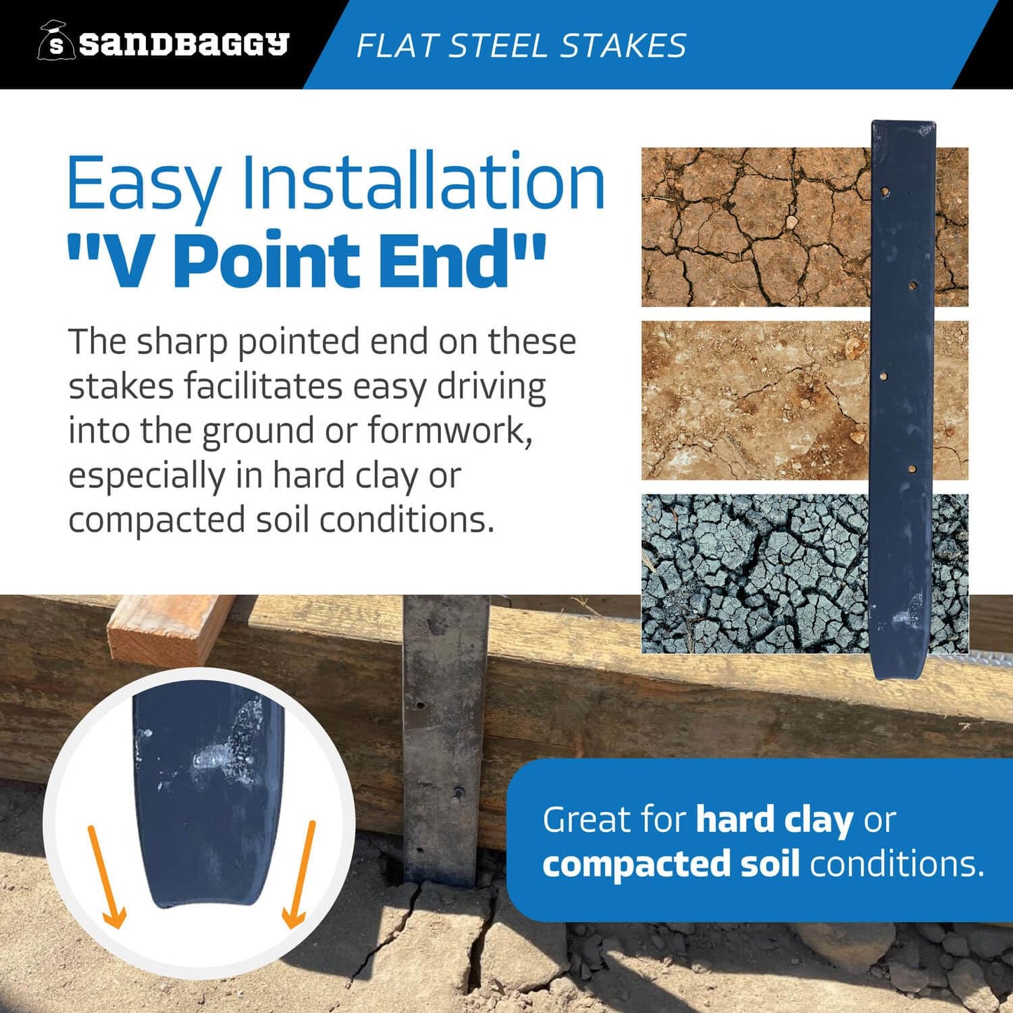 Sandbaggy 12" Flat Steel Stakes for Concrete Forms with Nail Holes - 1.5" Wide - Painted - Removable, Reusable, V Point End - Construction Grade Stakes (50, 12 inch)