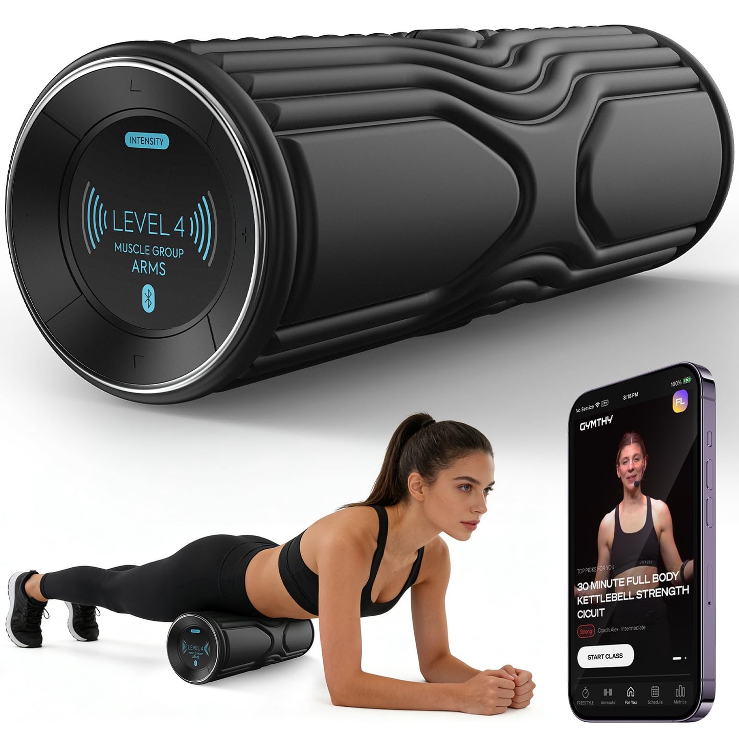 Vibrating Foam Roller with Smart APP Control, 5-Speed Electric Deep Tissue Massage Roller for Back Pain Relief, Muscle Recovery, Physical Therapy, Yoga, Neck, Leg Pain - Rechargeable & Portable