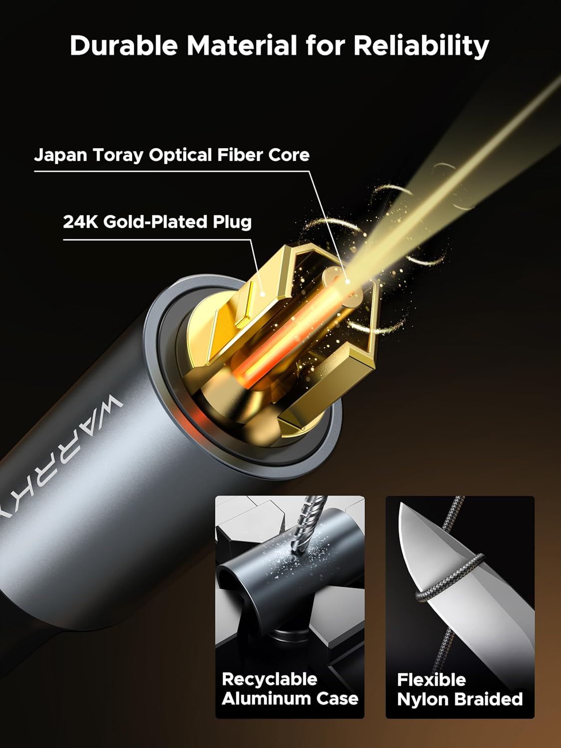 3.3ft 1m Warrky Optical Audio Cable, / Optical Cable for Soundbar [Nylon Braided, Slim Metal Case, Gold-Plated Plug]
