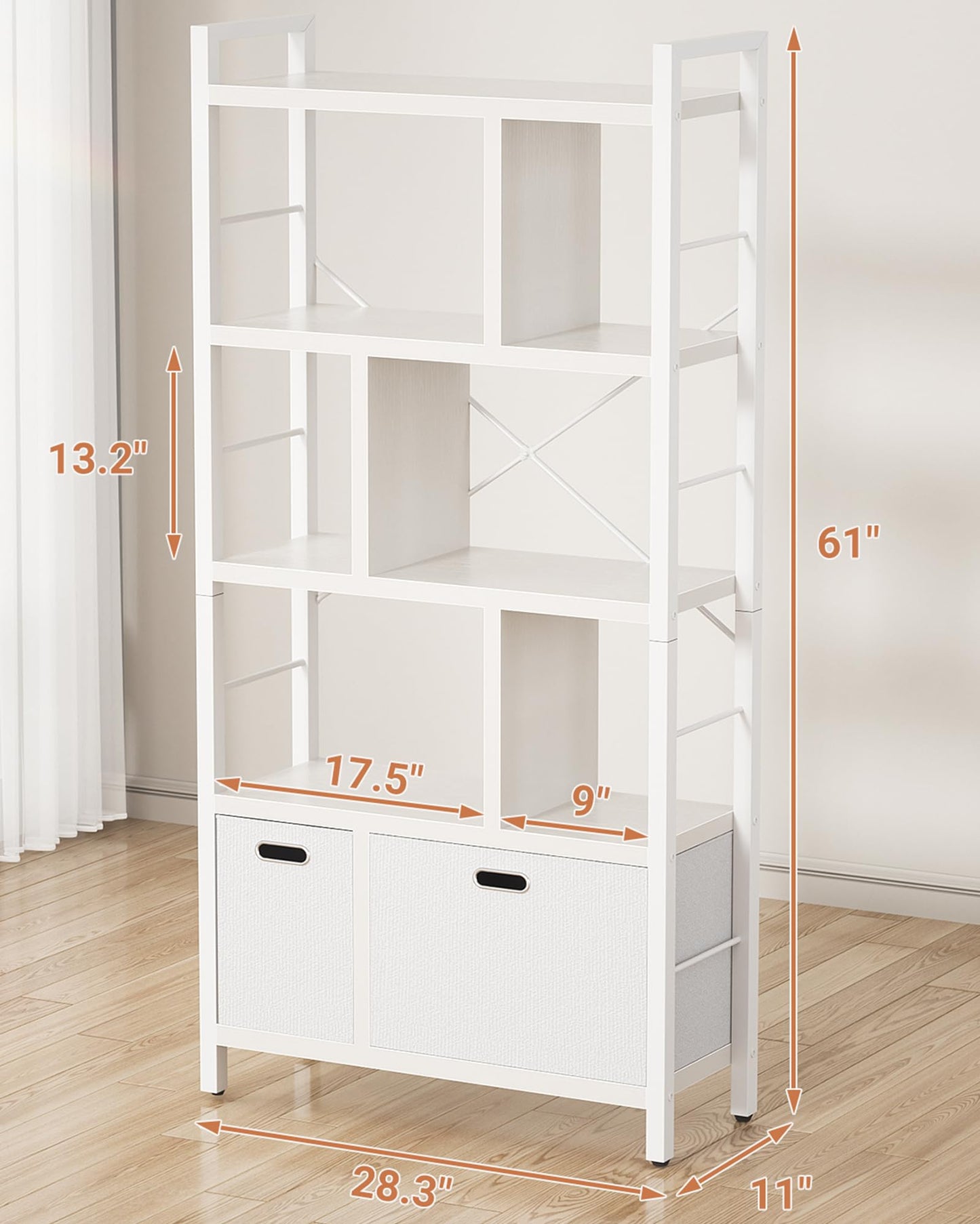 Armocity Bookshelf with Drawers - 5 Tier Tall Bookcase Geometric Modern Book Shelf Display Standing Bookshelves with Storage for Living Room, Bedroom Home Office, White