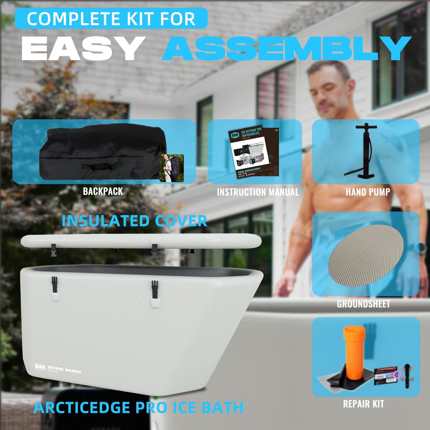 Inflatable Ice Bath Tub for Athletes - Slanted-Edge Cold Plunge Tub Compatible Water Chiller, Insulated Lid, EVA Groundsheet, Backpack, 155 Gallon, 61" L x 31.5" W x 24.8" H