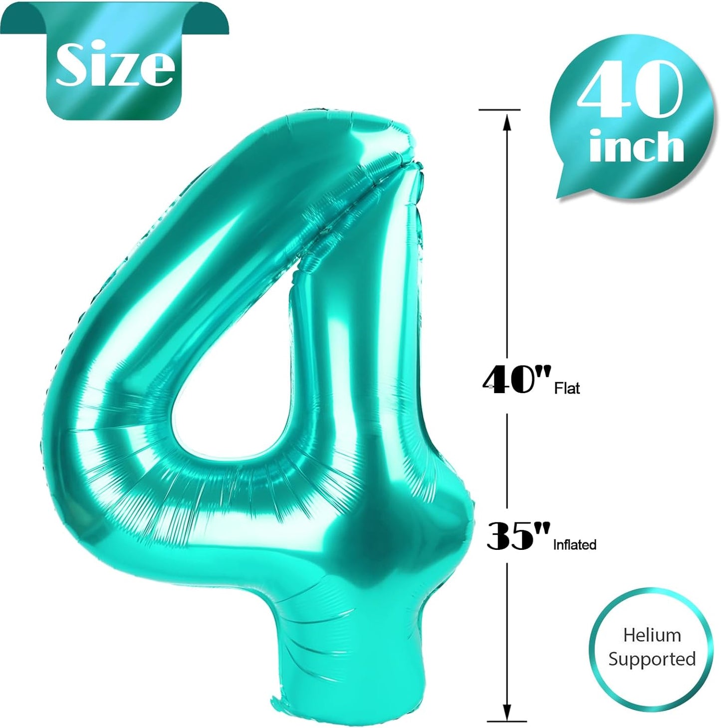 Teal Blue Number 4 Balloon - 40 Inch Large Birthday Decoration for Girls' 4th Party